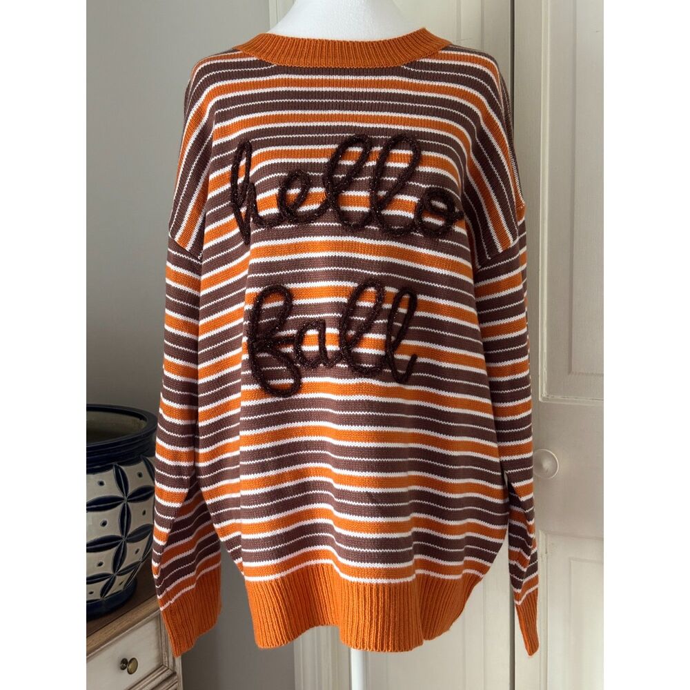 Haptics by Holly Harper "Hello Fall" Striped Embroidered Sweater Size L NWT